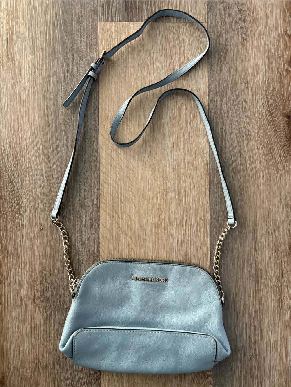 Michael Kors Pale Blue Leather Crossbody with Gold Chain Strap
